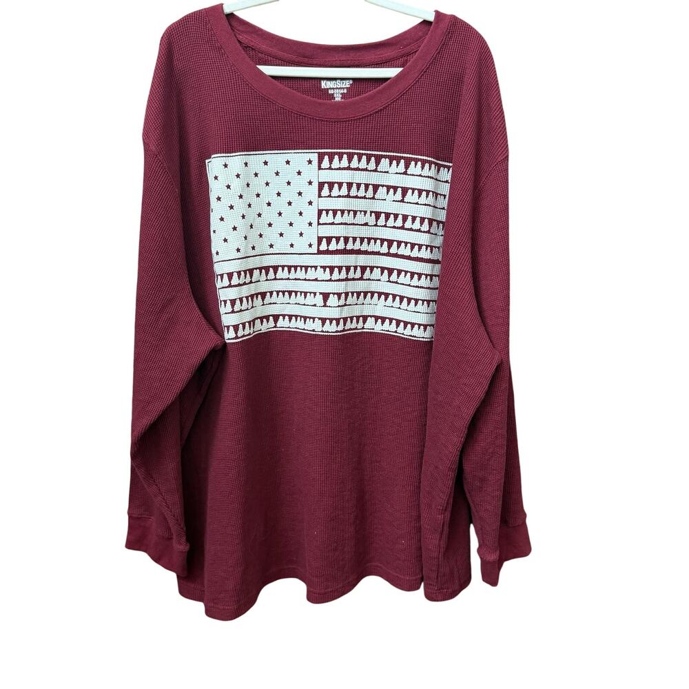 King Size Mens 5XL Red Thermal Waffle Knit Long Sleeve Flag Tree Holiday Shirt